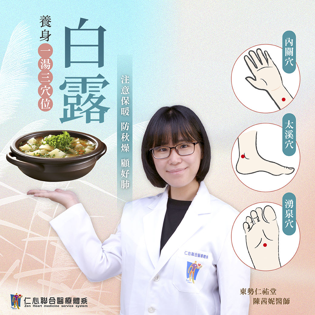 這張圖片介紹白露節氣的養生重點，強調注意保暖、防秋燥並顧好肺部健康，建議透過溫補食物（一湯）與按摩三個穴位：內關穴（手腕內側）、太淵穴（手腕下方）與湧泉穴（腳底），以促進血液循環、潤肺止咳及增強免疫力，由東勢仁祐堂醫師提供專業建議。